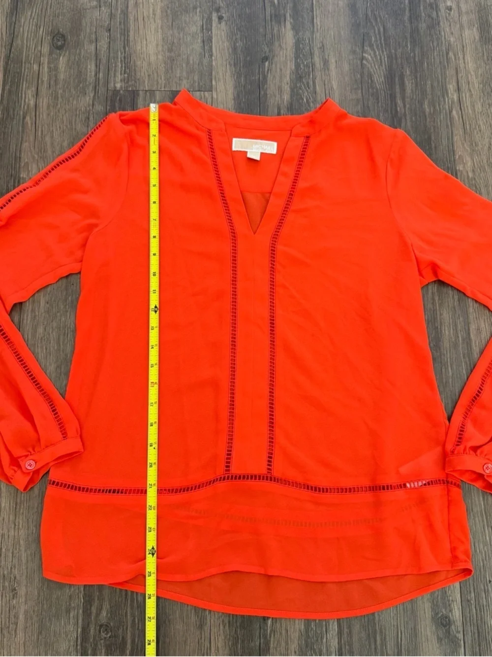 Michael Kors Mandarin Orange Pointelle Trim Long Sleeve Top V Neck Blouse M